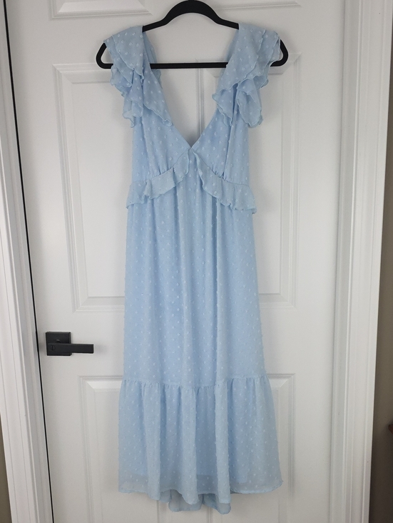 Trixxi Dresses & Skirts - Trixxi Baby doll Powder Blue Swiss Dot Ruffle Open Back Midi Dress. Size Large.